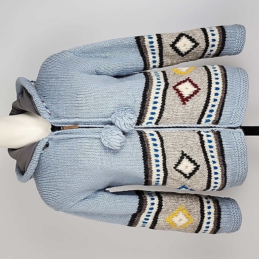 KYBER Outwear Women's Knit Light Blue Fairisle Wool Fleece Lined Zip Hoodie Sz S